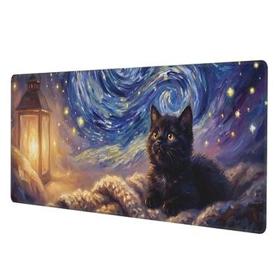 Van Gogh Starry Night Black Cat Gaming Mouse Pad, Large Desk Mat 31.5x11.8 in, Non-Slip Rubber Base Waterproof Keyboard Pad for Office Gaming Laptop