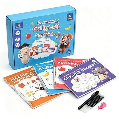 Magic Grooved Writing Practice Book for Kids,Reusable Preschool Workbook | 3D Embossed Calligraphy Practice Design, Covering Letters, Numbers, Drawing, and Arithmetic, Disappearing Ink