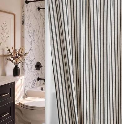 Farmhouse Striped Shower Curtain Set, Linen Blend Fabric with Detachable Polyester Liner, Breathable & Machine Washable, Rustic Black for Bathroom Decor Standard 72" W x 72" L - Hooks Not Included