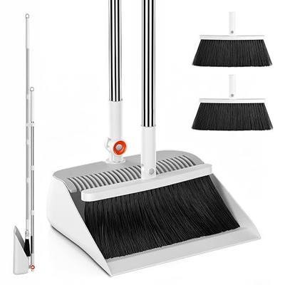 Broom with Dustpan Combo Set, 53" Long Handle, Includes 2 Broom Heads | Collapsible Broom and Dustpan Set, 180° Swivel Broom Head, 360° Lockable Dustpan, Built-in Hair Comb
