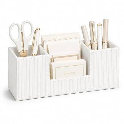 GORESE Pen Organizer for Desk, PU Leather Office Pen Holder, Ivory White | 4-Compartment, Vegan Leather, Office Supplies, Desk Caddy Nightstand Organizer for Pen, Pencil, Remote Control, Business Card