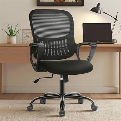 OLIXIS Home Office Chair, Mid Back Computer Ergonomic Mesh Desk with Large Seat, Executive Height Adjustable Swivel Task with Lumbar Support and Armrest, for Adults, Black