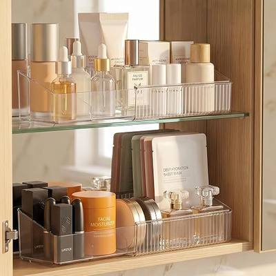 Expandable Medicine Cabinet Organizer for Bathroom, 2 Pack | 8-13.5" Adjustable, 4-Compartment Makeup Tray, Clear View, Non-Slip, Raised Edges, Narrow, Fits Vanity/Countertop/Drawer