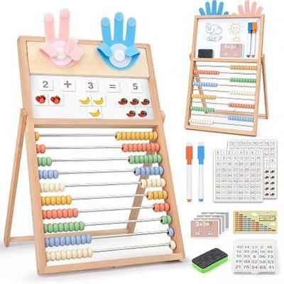Joyreal Wooden Abacus for Kids Math 1-3 3-5 4 5-7, Finger Counting Toys with Double-Sided Whiteboard and 152 Magnetic Number & Fruit Stickers, Montessori Math Manipulatives 1st 2nd Grade