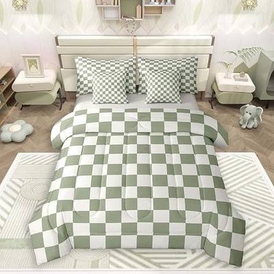 Feelyou Green White Plaid Full Comforter Set with Sheets for Kids Boys Girls Checkerboard Grid 7 Pieces Bedding Set Geometric Bed in a Bag Room Decor, Soft Lightweight Microfiber