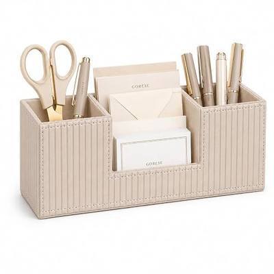GORESE Pen Holder for Desk, Leather Small Desk Organizer for Office, Beige | 4-Compartment, Vegan Leather, Office Supplies, Desk Caddy Nightstand Organizer for Pen, Pencil, Remote Control, Business Card