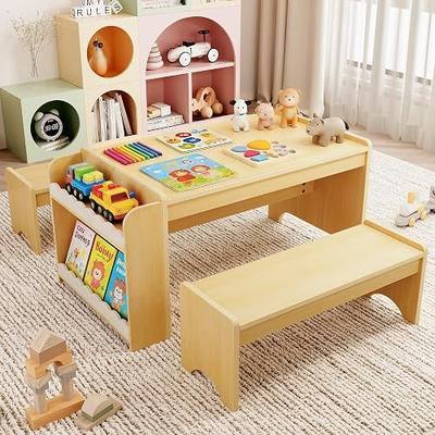Xilingol Montessori Kids Table and Bench Set, Kids Table and Chairs Set, Indoor Kid Craft Tables with Storage, Toddler Desk for Home, Classroom, Boys, Girls (Natural)