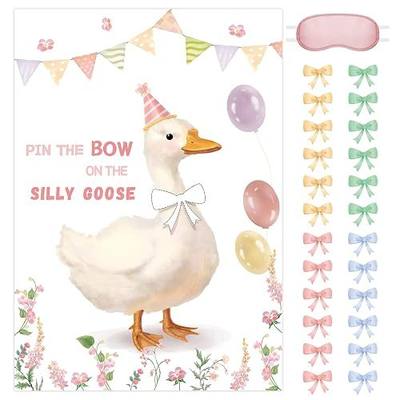 Pin the Bow on the Silly Goose Game, Birthday Party Game for Girls Kids | Large Pink Goose Poster with 24 Stickers, Kids Birthday Games Supplies