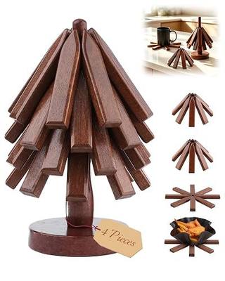 Wooden Trivets Tree for Hot Dishes, Wood Coaster for Hot Pots and Pans | Christmas Tree-Shaped Stackable Trivets with Organizer, Upgraded 8-Leaf Blossom Shape, Decorative Wooden Hot Pads, 1 Pack