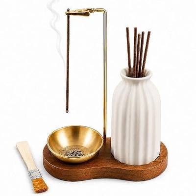 2 in 1 Incense Holder for Sticks with Ash Catcher for Meditation | Incense Burner Holder with Wood Base, Ceramic Vase Storage & Metal Ash Catcher Hang Upside for Meditation Home Room Decor