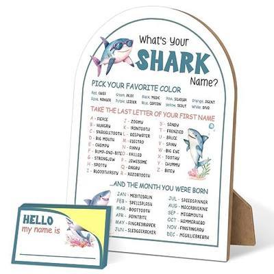 Shark Birthday Party Decoration, What's Your Shark Name Game, 6x8 Arch Wooden Sign with 30 Stickers, Shark Party Supplies, Party Decor for Baby Shower Family Class Office Activity