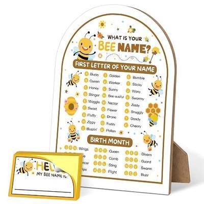 Bee Birthday Party Decoration, What's Your Bee Name Game, 6x8 Arch Wooden Sign with 30 Stickers, Bee Party Supplies, Party Decor for Baby Shower Family Class Office Activity