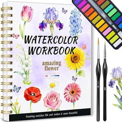 Watercolor Workbook for Beginners & Adults, Geirvte 100% Cotton Paper 120lb | Water Coloring Book Kit, 14 Flower Design, 24 Colors Paint, 2 Professional Brush,1 Water Brush Pen, Creativity, Stress Relief