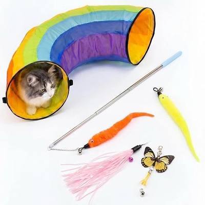 Cat Toys Include a Rainbow cat Play Tunnel, a cat Teaser Wand, a Retractable cat Teaser Wand, and Replacement Heads for the Teaser Wand.