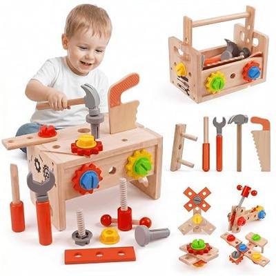 Kids Tool Set, 29 PCS Wooden Toddler Tool Box Workbench, Montessori STEM Educational Construction Pretend Play Toy, Birthday Gift for Ages 2-6 Year Old Boys Girls