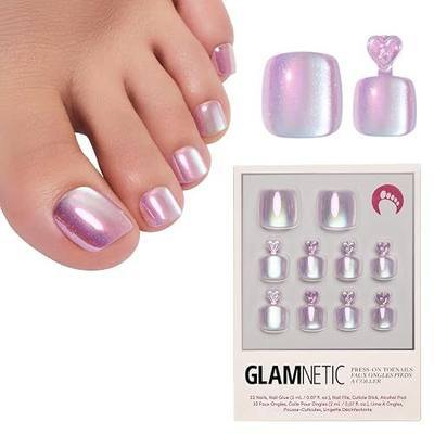 Glamnetic Press On Toenails - Natural Fake Nails | Pearlescent Purple Velvet Press On Toenails, Salon Quality Press On Nails Kit with Glue | Oyster - 32 Nail Set in 16 Sizes