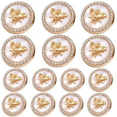 14pcs Metal Buttons for Clothes, Gold Metal Button with Bees Pattern and White Rhinestone, 2 Sizes Replacement Shank Buttons Sewing for Blazer Suit Coat Sweater Jacket DIY Crafts