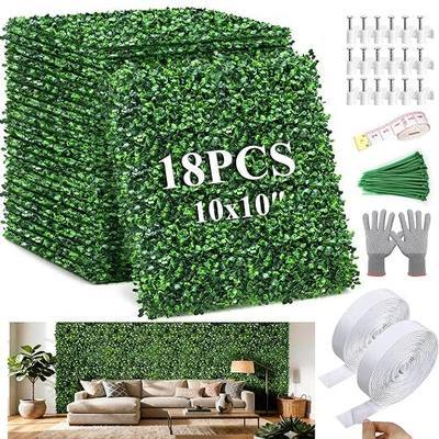 18Pcs Artificial Grass Wall Panels 10" x 10" Faux Boxwood Green Wall UV Resistant Privacy Screen with Full Installation Kit for Indoor Outdoor Garden Fence Party Decor