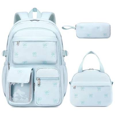 ACESAK Girls Backpack - 3PCS Embroidered Backpack Set for Girls with Lunch Bag and Pencil Case, Cute School Bookbag for Elementary Middle High School Students, Back to School Supplies(Blue Bow)