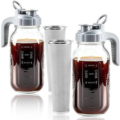 Cold Brew Coffee Maker 64oz Glass Mason Jar Pitcher with Pour Spout Lid | Airtight & Leak-Proof Glass Iced Coffee Pitcher with 304 Stainless Steel Filter Cold Brew Pitcher with Ergonomic Handle 2 Set