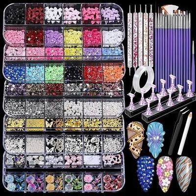 Teenitor Nail Art Tools and Nail Charms Set, Nail Art Kit with 5 Boxes of Nail Charms and Gems, 15 Pcs Nail Art Brushes, 5 Pcs Nail Dotting Tools, 2 Set of Nail Stand