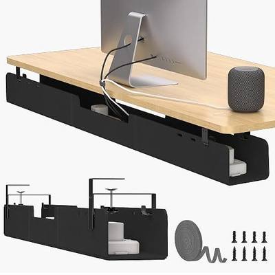 No-Drill Under Standing Desk Cable Management,47.2" L,Black | Upgraded 0.25" Heavy-Duty Felt Cable Organizer,Desk Wire Management Tray with Clamp or Screw Mount,for Home or Office