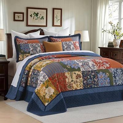 DDUOXIN Oversized Queen Bedspread - 102W x120L Extra Wide 100% Cotton Quilt | Floral Plaid Lightweight Super XL Bed Spreads Bedding, Farmhouse California Quilts with 2 Pillow Shams, Blue/Red/Yellow/Green