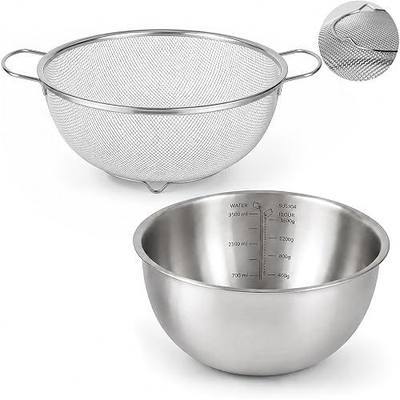 18/8 Stainless Steel Fine Mesh Colander Set, 3.5Qt | Includes 1 mixing bowl with built-in measurement marks and 1 fine 30-mesh strainer for rinsing, mixing, and draining.