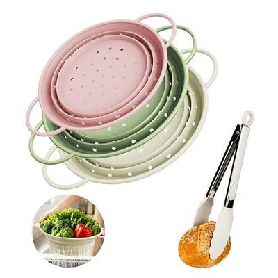 Collapsible Colander Set of 3 Silicone Strainers with Tongs, BPA-Free Heat-Resistant, Space-Saving Design, Stainless Steel Rim, Dishwasher Safe, 1 x 2QT & 2 x 4QT (Pink, Sage Green, Cream)