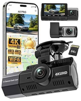 3 Channel Dash Cam Front and Rear Inside-4K+2.5K+2.5K, 4K Dash Cam, Free 64GB Card, WiFi Dashcam with GPS, G-Sensor,Loop Recording, HDR, 24H Parking Monitor, Car Dash Cam for Rideshare & Taxi