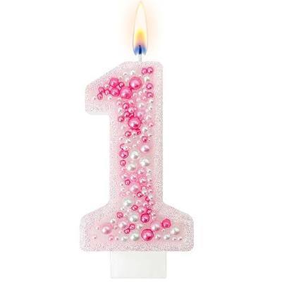 Pink Pearl Number 1 Cake Decoration for Milestone Celebration, Glitter Pink Number Decor with Beaded Dessert Accent for Photo Cake Display
