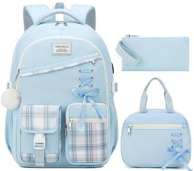 Cute School Backpack for Teen Girls, 3Pcs Kids Bookbag with Lunch Box Pencil Pouch for Elementary Middle High School College, Water Resistant Laptop Backpacks Back to School Gift, Blue Tartan