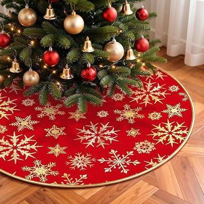 TranquilBliss Christmas Tree Skirt for 4ft Tree, Red and Gold Xmas Pencil Tree Skirt with Snowflake Design, Small Soft Fabric Mat, Mini Holiday Decorations for Home, Party, 34.7 in for 4ft-6ft Trees