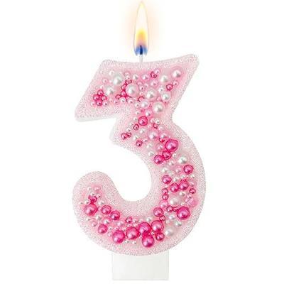 Pink Pearl Number 3 Cake Decoration for Milestone Celebration, Glitter Pink Number Decor with Beaded Dessert Accent for Photo Cake Display