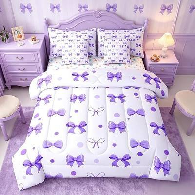 Feelyou Bow Comforter Set with Sheets 7 Piece Full Size Bowknot Bed in a Bag Kids Boys Girls Purple White Bow Bedding Set Cute Bedroom Decor Purple White Breathable Soft Lightweight Microfiber