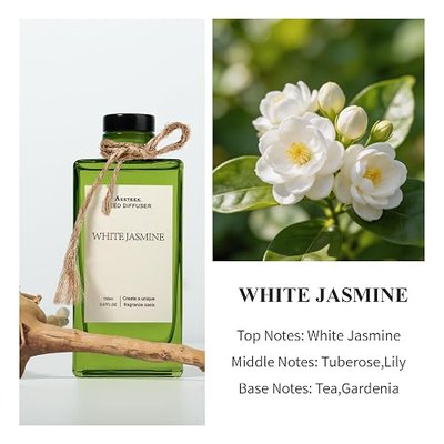 White Jasmine Reed Diffuser, 5.07oz Flower Air Freshener for Home | Floral Essential Oils, Fiber Sticks & Real Eucalyptus Leaves Decor, Long-Lasting Home Fragrance, Bathroom Decor
