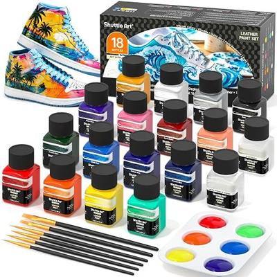 Shuttle Art 16 Colors Acrylic Leather Paint in Bottles (30ml/1oz) with Deglazer & Finisher, Brushes, Palette, Leather Dye for Shoes, Sneakers, Jackets, Bags, Wallets, DIY projects & Art