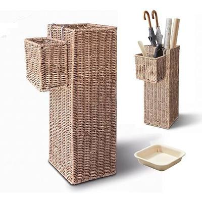 Wicker Umbrella Stand for Entryway, Tall Rattan Holder with Tray | Dual-Basket Design; Tall Storage; Removable Drip Tray; Entryway Organizer