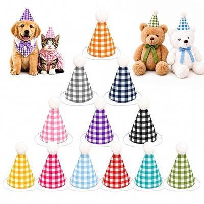 12 Pack Plaid Mini Party Hats for Stuffed Animals with Elastic Strap | 12 colorful felt gingham party hats with adjustable elastic straps for stuffed animals, plush toys, dolls and small pets.
