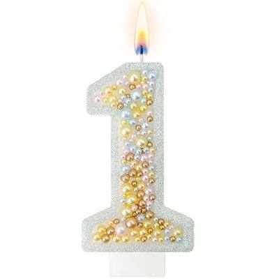Pearl Number 1 Birthday Cake Topper Candle, Champagne Gold and White Glitter Number Candle for Cake Decoration, Elegant Dessert Table Decor