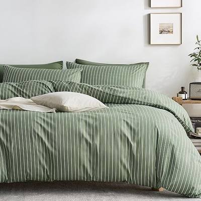 JELLYMONI 100% Cotton Green Vertical Stripe TwinXL Duvet Cover Set | Breathable and Soft, Classic Stripes, 8 Corner Ties & Double Hidden Zipper, For Kids & Dorm Rooms
