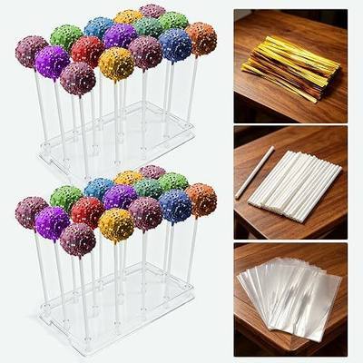 2 Pcs Cake Pop Stand with Sticks Kit,Lollipop Hold Stand,Clear Cake Pop Display Holder,15 Holes Candy Pop Holder with 80 Paper Sticks,80 Clear Wrappers,80 Gold Twist Ties (2 Stand, 80 Sticks, 80 Bags, 80 Twist Ties)