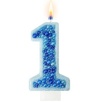 Blue Pearl Number 1 Cake Topper Candle, Glitter Dessert Decoration Accent for Celebration Cake Display and Table Styling
