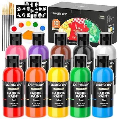 Shuttle Art Fabric Paint, 10 Colors Permanent Soft Fabric Paint in Bottles (120ml/4oz) with Brushes, Palette, Stencils, Non-Toxic Textile Paint for T-Shirts, Shoes, Jeans, Bags, DIY Projects&Art