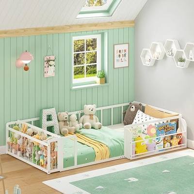 Timy Twin Size Floor Bed with Guardrails & Opening Gate Footboard Storage
