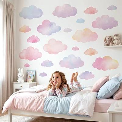 DECOWALL Pastel Watercolor Cloud Wall Stickers Decals for Kids (DS9-8099) | Pink, peach, lavender and blue sky decor for nursery, baby room or playroom; peel and stick, removable, repositionable