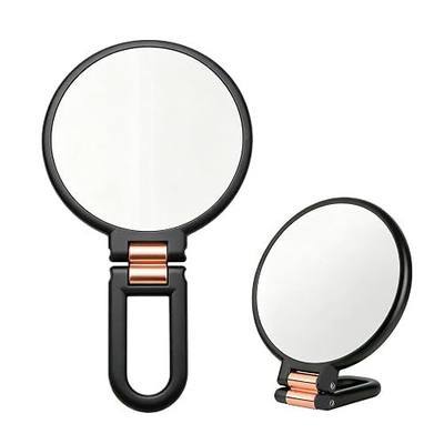 Travel Mirror with Magnifying Glass, Portable Double-Sided Folding Handheld Mirror, hangable, for Women's Detailed Makeup, Eyelash and Eyeliner Application, Suitable for Shaving and Grooming (Black)