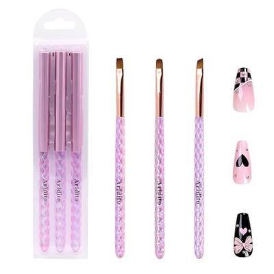 3Pcs Nail Art Clean Up Brushes, Pink | Protective Caps, Flat/Oval/Fine Angled, Gel Nail Brushes, DIY & Professional Manicure Tools