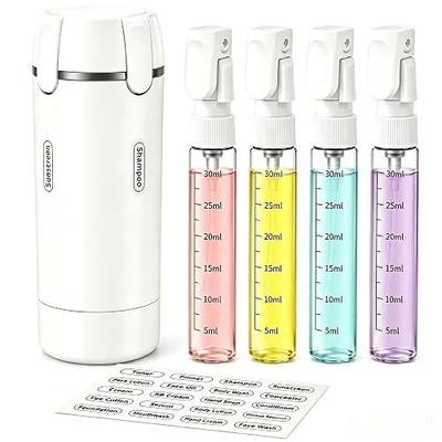 4-in-1 Travel Dispenser Bottle, Refillable Containers with Clear Scale Labels, Leak Resistant Travel Toiletry Bottles for Cosmetics, Shampoo, Lotion, White