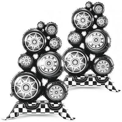 Race Car Balloons, 2Pcs 3.5Ft Giant Self Standing Racing Tire Foil Balloons | Race Car Party Decoration with Checkered Base for Boys Birthday Parties, Racing Theme Celebrations and Event Displays